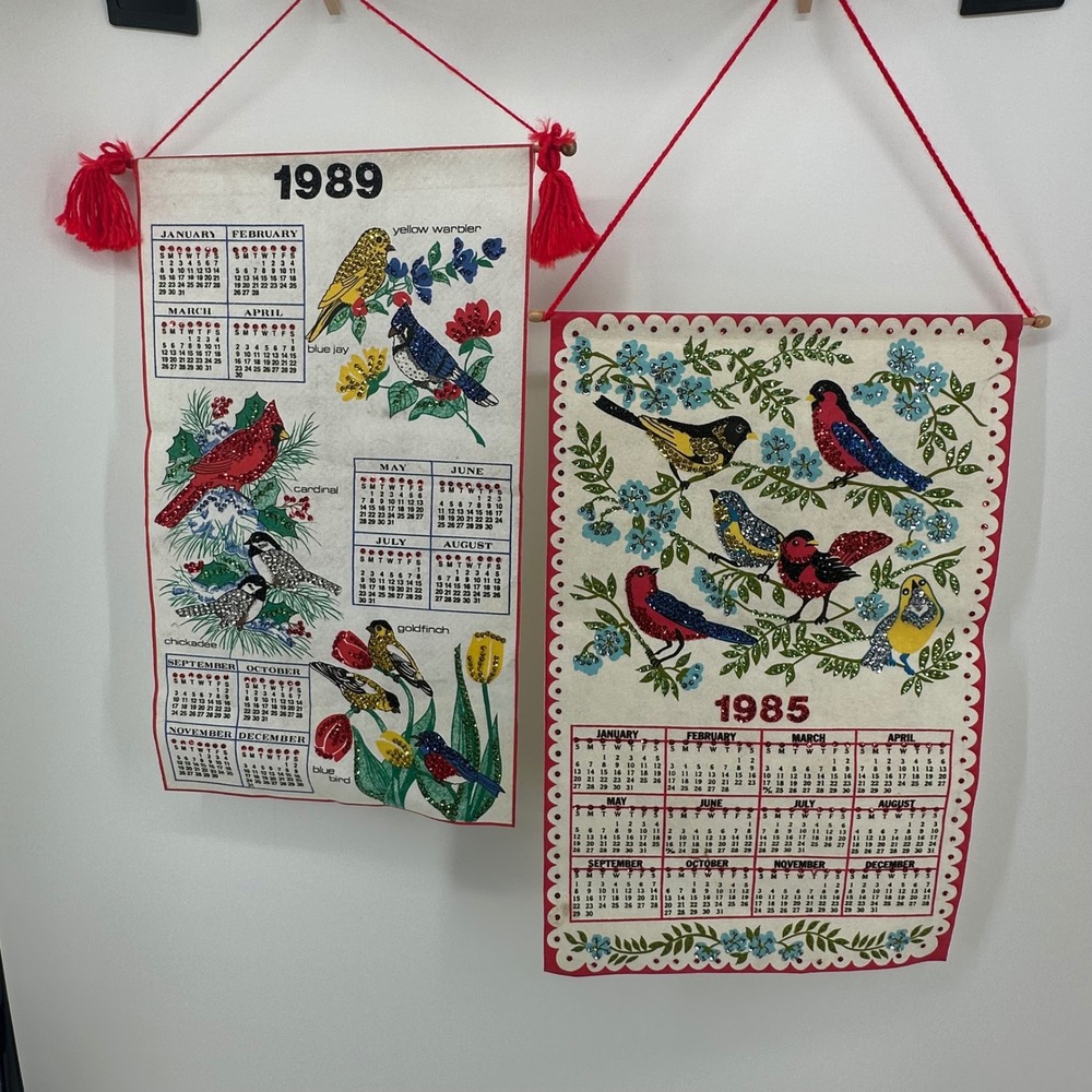 Vintage Bird Sequined Felt Wall Hanging Calendars 1985 1989 Red Good Kitsch Art